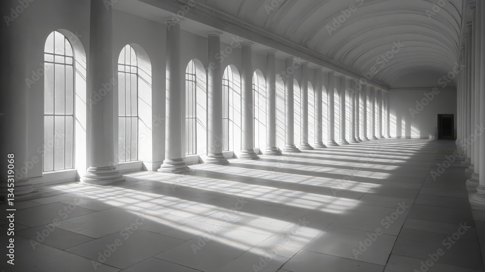 Poster Sunlit White Hallway with Classical Columns and Arched Windows