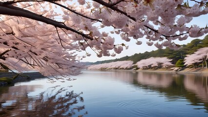 A breathtaking spring landscape with cherry blossoms floating on a serene river, surrounded by lush green hills and misty mountains.