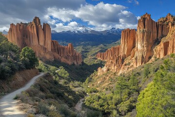 Impressive red rock formations rise above a green mountain valley trail