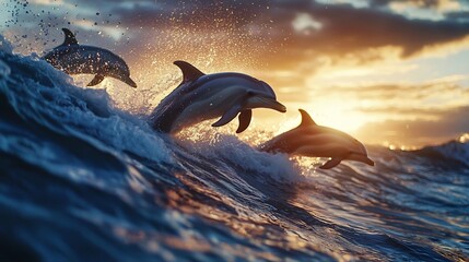 Obraz premium Pod of dolphins surfing the waves at sunset glistening water trails cinematic underwater action shot