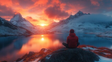 Obraz premium Man meditating by lake at mountain sunset