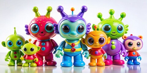 Fototapeta premium Cute Cartoon Alien Toys Product Photography - Space Creatures on White Background