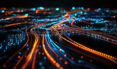 Abstract glowing streams of data flowing across a dark background.