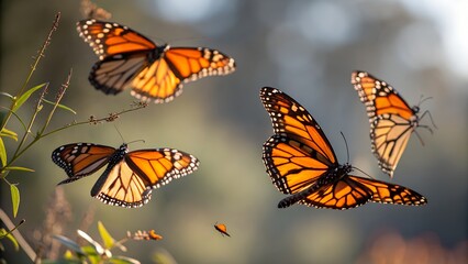 A vibrant image showcasing several monarch butterflies in flight against a blurred natural background