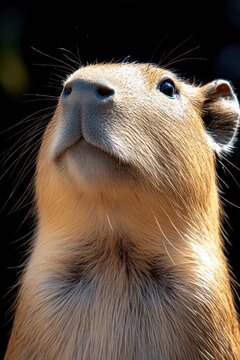 Close-up of a capybara looking upward