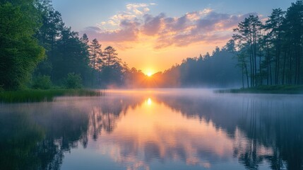 Fototapeta premium Misty forest lake sunrise reflection