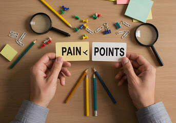 Hands holding cards labeled 'PAIN' and 'POINTS,' surrounded by office stationery like push pins, pencils, and a magnifying glass, symbolizing the process of identifying challenges