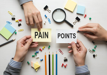 Hands holding cards labeled 'PAIN' and 'POINTS,' surrounded by office stationery like push pins, pencils, and a magnifying glass, symbolizing the process of identifying challenges
