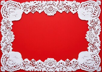 Paper lace doily with a white border on a red background, rectangular in shape for decoration and serving food