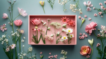 A collection of colorful flowers arranged in a pink box