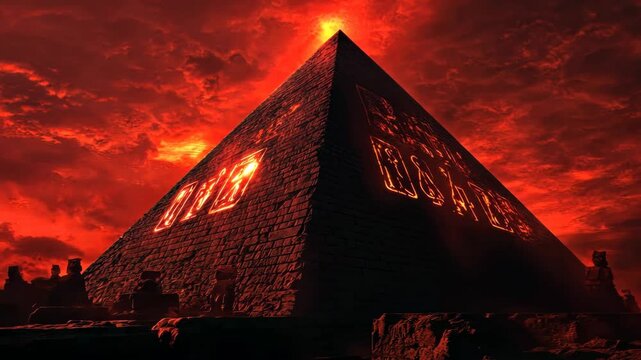 Burning ancient pyramid under a blood-red sky, glowing symbols engraved on the stone, emanating mystery and danger