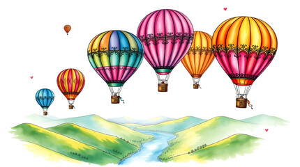 Fototapeta premium Vibrant Hot Air Balloons Over a Scenic Green Valley in Watercolor Style