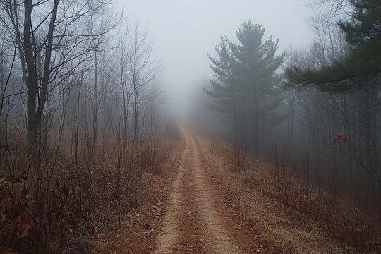 A foggy forest path disappearing into atmospheric obscurity ahead
