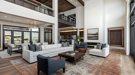 Spacious Modern Living Room Interior with White Walls and Wooden Accents Featuring Comfortable Sofas and Armchairs
