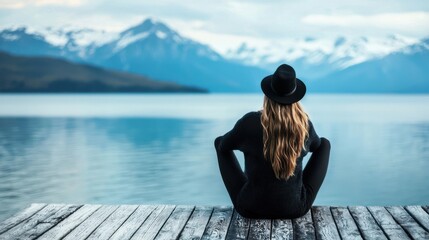 Fototapeta premium Person sitting on wooden dock overlooking calm water with snow-capped mountains in the background