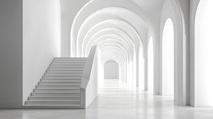 Obraz premium White arched hallway with stairs, interior design, spacious, bright