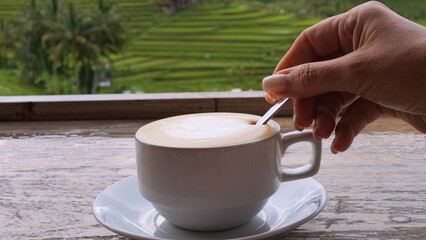 Scenic coffee break in beautiful destination Tropical surroundings steaming cup relaxed atmosphere embody travel lifestyle vacation escape appreciation of nature morning relaxation Coffee concept