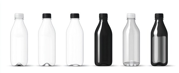 Several plastic bottles of different colors lined up on a surface