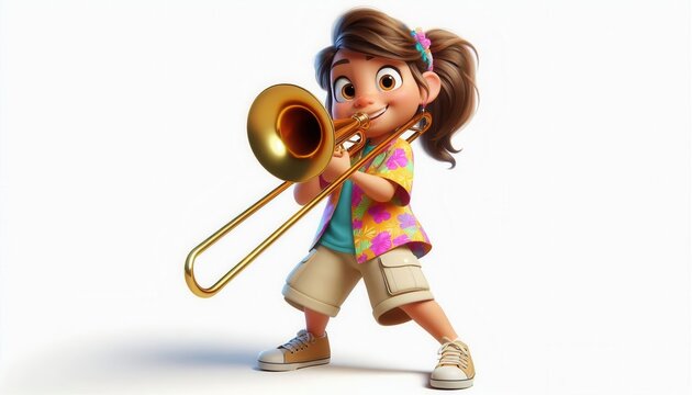 Child playing trombone colorful setting animated style joyful environment full-body view