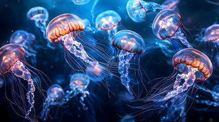 Obraz premium Glowing Jellyfish Underwater Scene