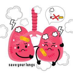 Cartoon illustration of damaged lungs suffering from smoking effects with warning sign. Health awareness concept
