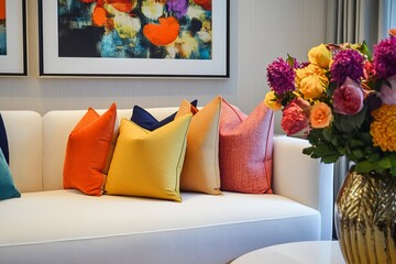vibrant living room with colorful pillows

