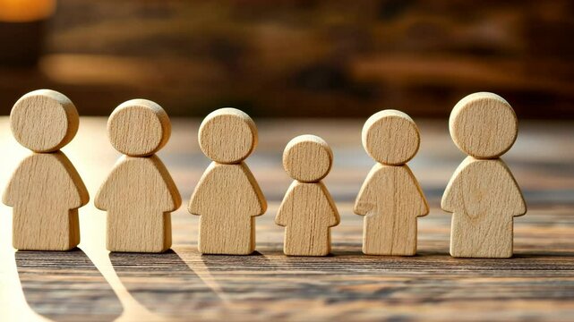 Wooden figures representing a family of diverse sizes placed on a rustic wooden surface in warm lighting