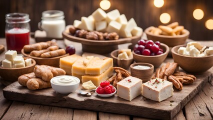 A rustic wooden board displays an assortment cheeses, crackers, fruits, creamy dips, perfect a festive gathering.