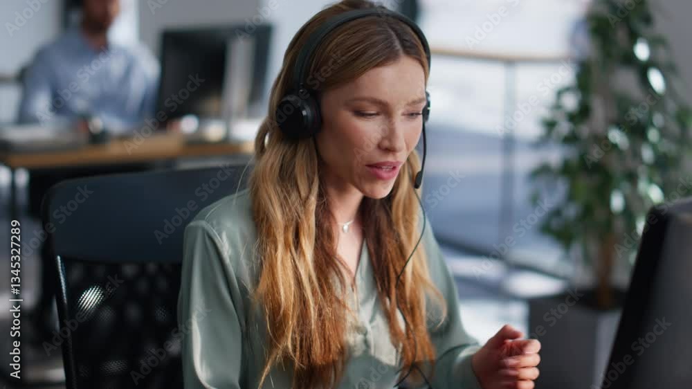 Poster call center operator answering client looking computer at workspace closeup.