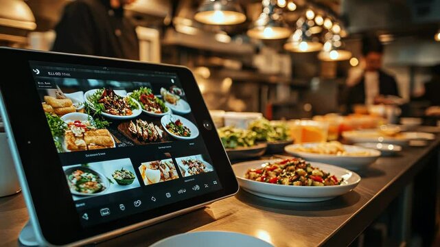 A modern kitchen scene showcasing food and a tablet menu.