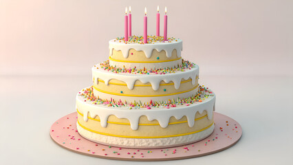 A three tier cake with white frosting pink candles and colorful sprinkles on a pink background