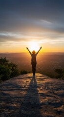 Fototapeta premium Woman on mountain summit at sunset raising arms in victory pose. Travel adventure concept. Silhouette of female hiker celebrating success. Freedom and achievement.