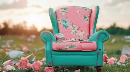 Abandoned armchair in a garden filled with debris