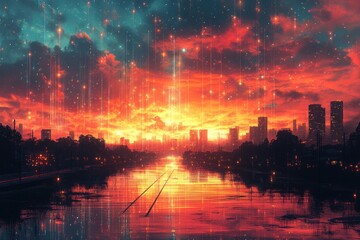 Futuristic cityscape sunset over canal with digital streaks
