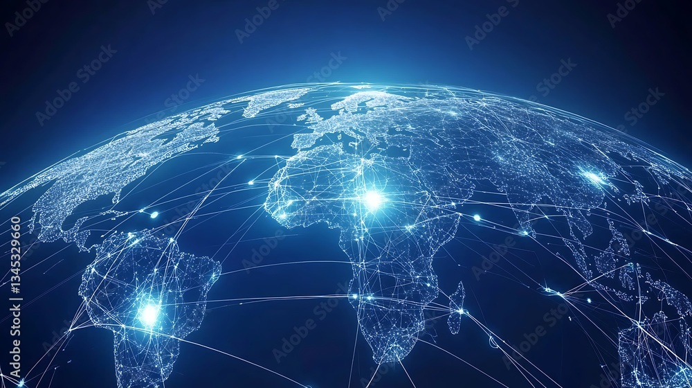 Poster light blue background with a digital world map and global network connections, representing the conc