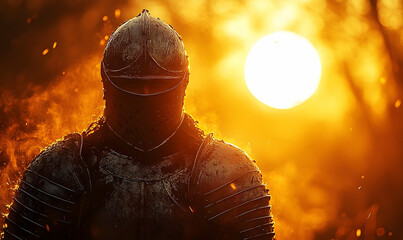 A medieval knight, armor muddied, stands silhouetted against a fiery sunset.  The scene evokes battle and heroism