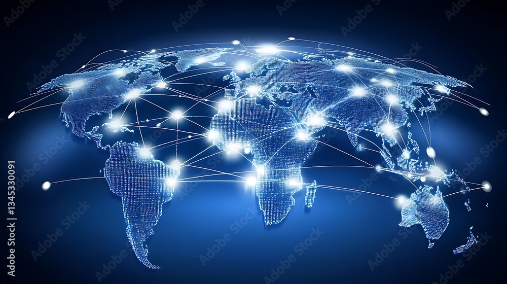 Poster light blue background with a digital world map and global network connections, representing the conc