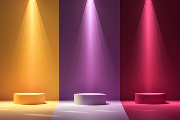 three 3D podiums with red, yellow, and dark purple backgrounds

