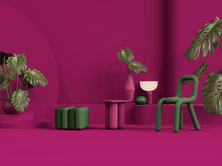 Interior of the room in plain monochrome in viva magenta colors with arm chair furnitures and decor room accessories, monstera plant pot. 3D render for social media, presentation dark pink backgrounds