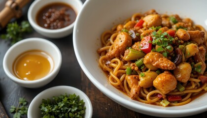 Delicious chicken noodles restaurant food photography indoor close-up culinary delight