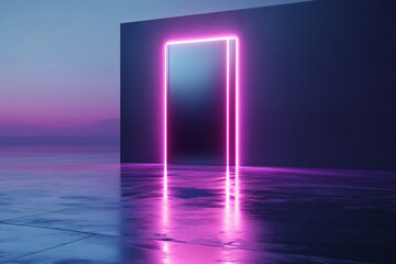 Illuminated doorway, vibrant magenta and blue tones reflecting on the slick surface under a tranquil twilight sky.