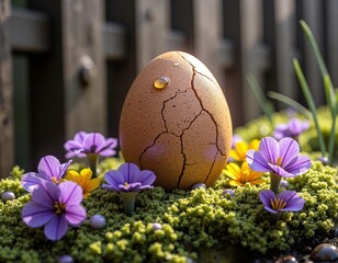 A beautifully cracked egg surrounded by colorful flowers
