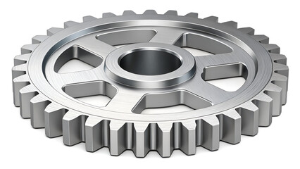 Close up of a shiny metal gear with teeth and inner circle on a white background studio shot