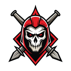 Fototapeta premium Intricate Spartan Knight Skull Head with Majestic Crossed Swords Adorned Emblem