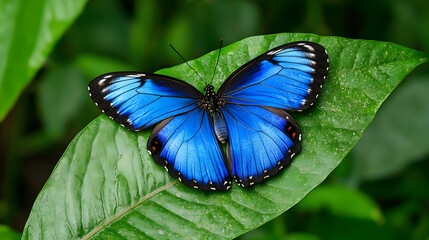Vibrant Blue Butterfly On Green Leaf