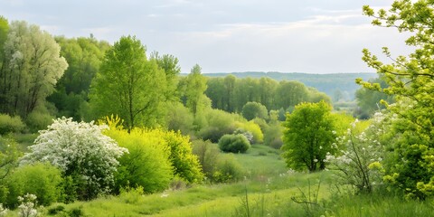 Beautiful countryside landscape with green grass, trees, and a clear blue sky