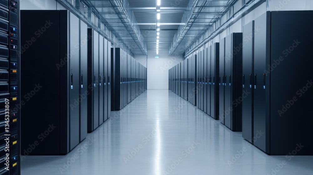 Aufkleber high-tech server room with rows of dark cabinets and bright led lights in a modern data center envir