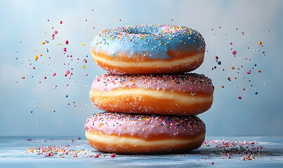Stack of three glazed donuts, light blue and pink, with colorful sprinkles scattered around.  A delicious treat