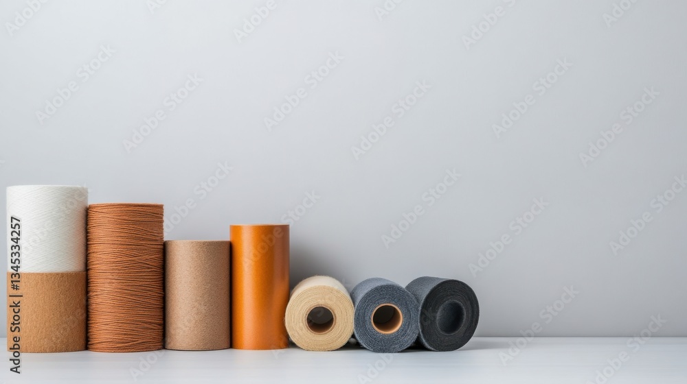 Aufkleber assorted rolls of paper and material on white shelf against plain background for craft and design pr