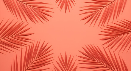 A vibrant arrangement of coral-colored palm leaves on a matching coral background creates a striking and harmonious pattern